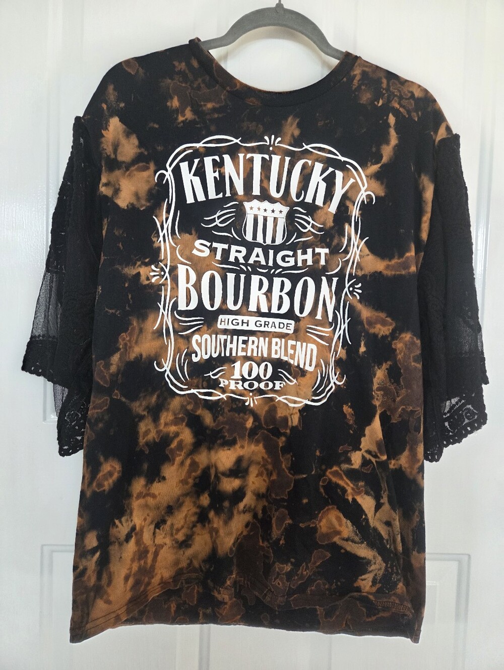 Upcycled Boutique Kentucky Bourbon Graphic Tie-Dye Tee lace sleeves L